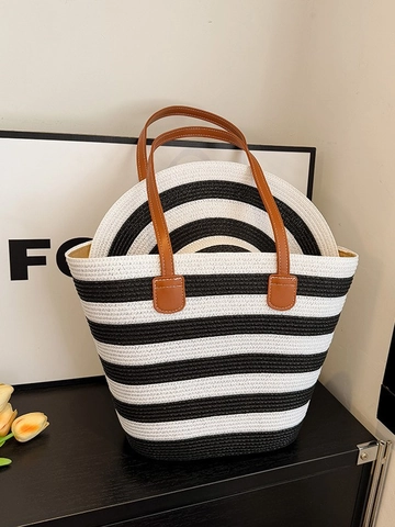 Set Borsa Tote in Paglia a Righe da Donna e Cappello da Sole Grande Capacità Borsa a Tracolla Estiva per Vacanze al Mare Con Manici in PU