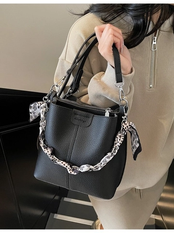 Women Retro Lychee Pattern PU Leather Bucket Bag With Satin Scarf Handle Commuter Single Shoulder Crossbody Bag Fashion Handbag