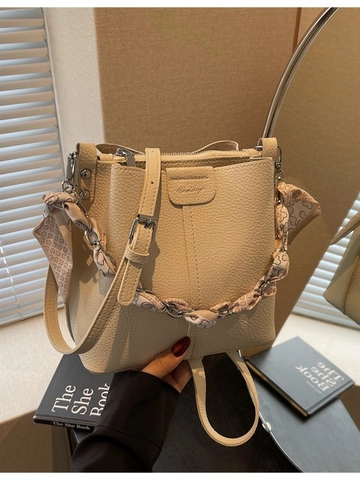 Women Retro Lychee Pattern PU Leather Bucket Bag With Satin Scarf Handle Commuter Single Shoulder Crossbody Bag Fashion Handbag