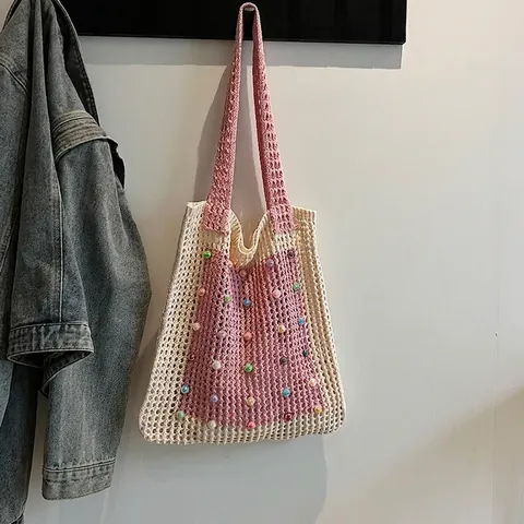 Sac Fourre-tout au Crochet à la Main Tricoté Ajouré Sac à Épaule Avec Künstliche Perles Colorées Style Bohème Femme Sac de Plage