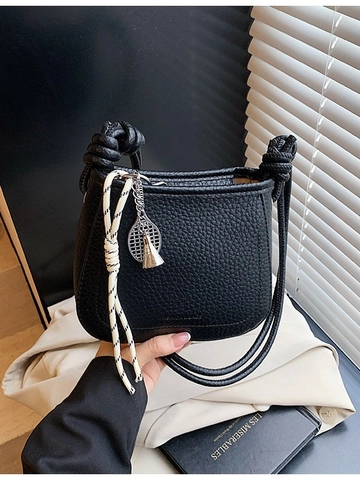 Women Lychee Pattern PU Leather Bucket Bag Minimalist Crossbody Shoulder Bag With Knot Strap And Tennis Racket Pendant