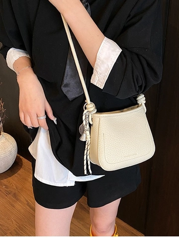 Women Lychee Pattern PU Leather Bucket Bag Minimalist Crossbody Shoulder Bag With Knot Strap And Tennis Racket Pendant