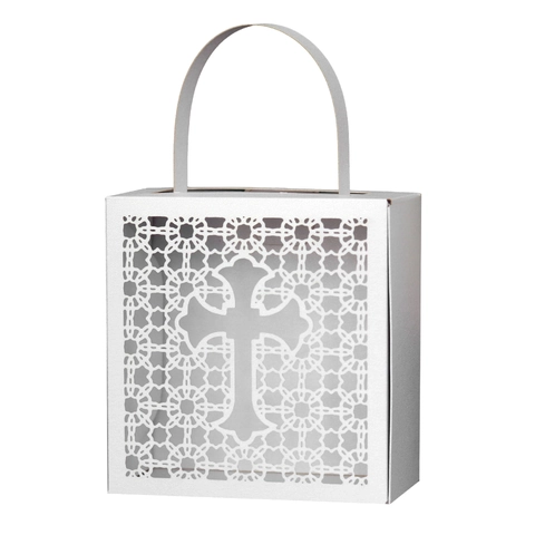 Laser Cut Hollow Cross Pearlescent Paper Wedding Favor Candy Box For Baptism Celebration Decorative Gift Box With Handle