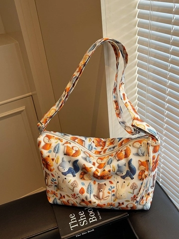 Women Casual Cartoon Print Canvas Crossbody Bag Large Capacity Tote Bag Adjustable Shoulder Strap For Daily Commuting