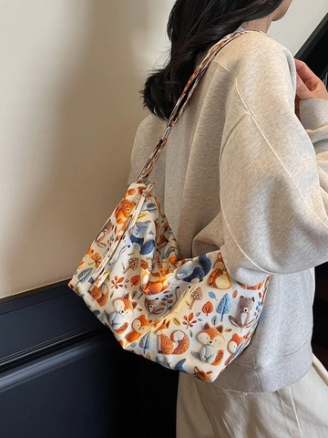 Women Casual Cartoon Print Canvas Crossbody Bag Large Capacity Tote Bag Adjustable Shoulder Strap For Daily Commuting