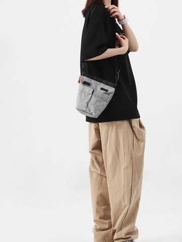 Trendy Wrinkled Nylon Crossbody Bag Niche Gorpcore Small Square Bag Multi Pocket Adjustable Strap Unisex Daily Shoulder Bag