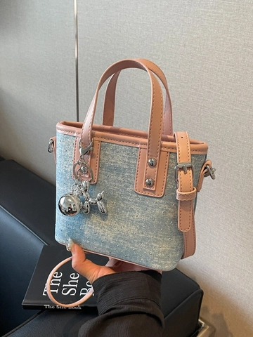 Borsa a Secchiello Mini in Denim per Donna Colore a Contrasto Moda Borsa a Tracolla Versatile Con Manico in Pelle PU Piccola Tote