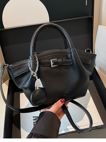 Women Small Lychee Grain PU Leather Bucket Bag Minimalist Casual Heart Charm Shoulder Crossbody Bag Elegant Pleated Handbag Daily