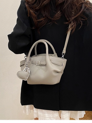Women Small Lychee Grain PU Leather Bucket Bag Minimalist Casual Heart Charm Shoulder Crossbody Bag Elegant Pleated Handbag Daily
