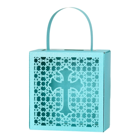 Laser Cut Hollow Cross Pearlescent Paper Wedding Favor Candy Box For Baptism Celebration Decorative Gift Box With Handle