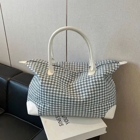 Large Capacity Houndstooth Tweed Travel Bag For Women Portable Weekend Luggage Tote Bag Handbag For Business Trip Fitness
