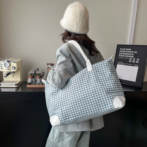 Large Capacity Houndstooth Tweed Travel Bag For Women Portable Weekend Luggage Tote Bag Handbag For Business Trip Fitness