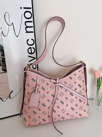 Damen Vintage PU Leder Eimertasche Große Kapazität Monogramm Druck Schulter Umhängetasche Cartoon Bär Pendler Tote Handtasche