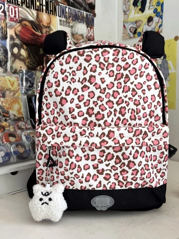 Leopard Cow Print Backpack For Women Teen Girls Cute 3D Ears School Bag With Plush Charm Large Capacity Waterproof Nylon Travel Rucksack