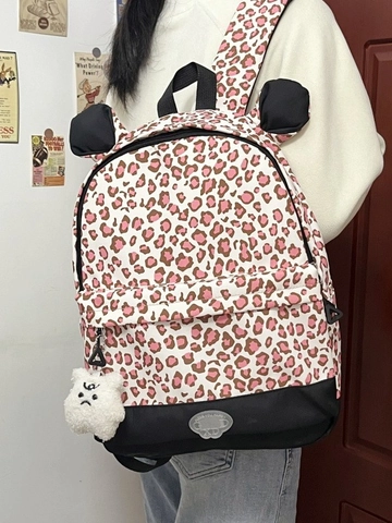 Leopard Cow Print Backpack For Women Teen Girls Cute 3D Ears School Bag With Plush Charm Large Capacity Waterproof Nylon Travel Rucksack