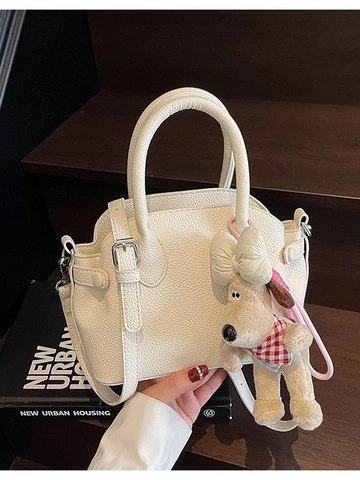 Bolso de Concha de Cuero PU con Patrón de Litchi Bolso Bandolera para Mujer Con Lindo Colgante de Perro de Peluche Diario