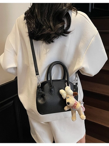 Bolso de Concha de Cuero PU con Patrón de Litchi Bolso Bandolera para Mujer Con Lindo Colgante de Perro de Peluche Diario