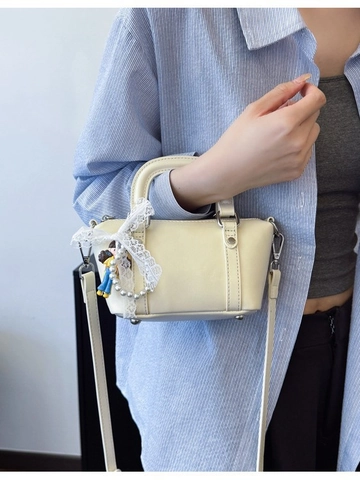 Women PU Leather Mini Shoulder Bag Lace Bow Artificial Pearl Pendant Sweet Girly Boston Handbag Crossbody Satchel Everyday Bag