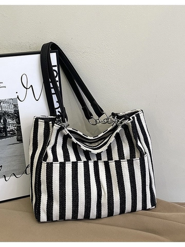 Bolso Tote de Lona a Rayas de Contraste Gran Capacidad Bolso de Hombro para Mujer Con Correas de Cuero y Cadena