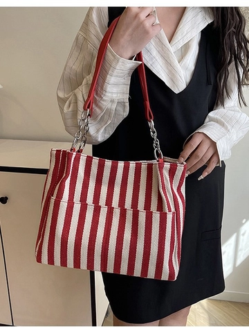 Bolso Tote de Lona a Rayas de Contraste Gran Capacidad Bolso de Hombro para Mujer Con Correas de Cuero y Cadena