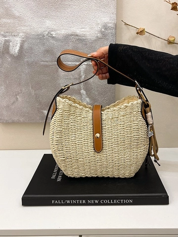 Damen Casual Stroh Gewebte Schultertasche Mit Kunstleder Riemen Vintage Bohemian Beuteltasche Sommer Urlaub Handtasche