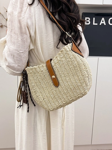 Damen Casual Stroh Gewebte Schultertasche Mit Kunstleder Riemen Vintage Bohemian Beuteltasche Sommer Urlaub Handtasche