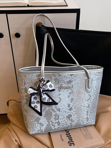 Borsa Tote da Donna Grande Capacità Motivo Serpente Pelle PU Moda Borsa a Spalla per Ufficio Casual Con Sciarpa di Seta