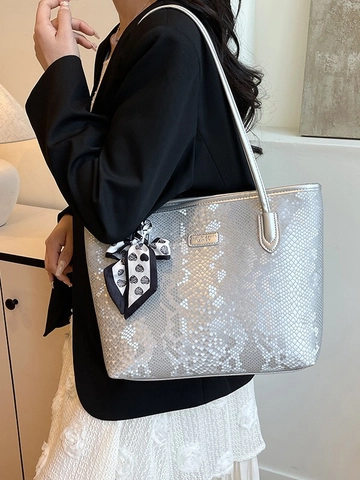 Borsa Tote da Donna Grande Capacità Motivo Serpente Pelle PU Moda Borsa a Spalla per Ufficio Casual Con Sciarpa di Seta