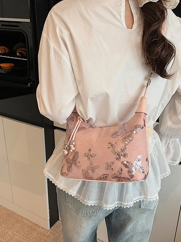 Women Sequin Butterfly Crossbody Bag Fashion PU Leather Hobo Underarm Shoulder Bag Sparkling Small Tote Purse For Daily Party