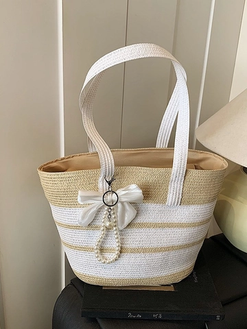 Bolso Tote de Paja a Rayas de Gran Capacidad para Mujer Bolso de Hombro de Playa Tejido de Verano Con Lazo y Colgante de Perlas