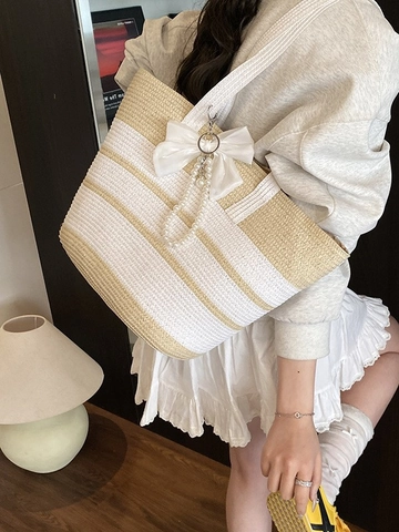 Bolso Tote de Paja a Rayas de Gran Capacidad para Mujer Bolso de Hombro de Playa Tejido de Verano Con Lazo y Colgante de Perlas