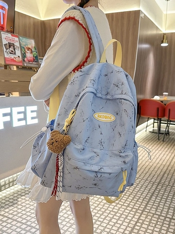 Mochila Escolar de Nailon con Estampado de Mármol de Gran Capacidad para Mujeres Niñas Mochila Impermeable para Estudiantes Bolsa de Viaje Casual Con Oso de Peluche