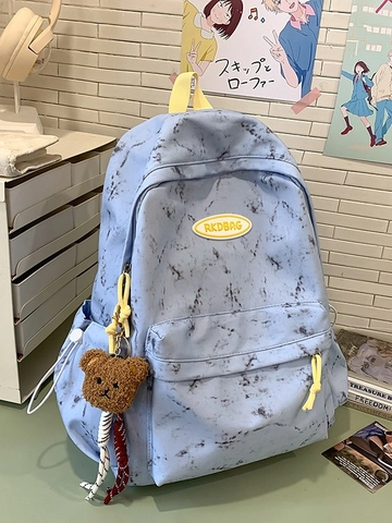 Mochila Escolar de Nailon con Estampado de Mármol de Gran Capacidad para Mujeres Niñas Mochila Impermeable para Estudiantes Bolsa de Viaje Casual Con Oso de Peluche