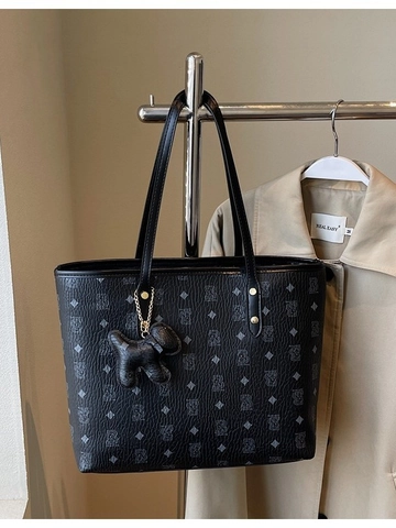 Borsa Tote da Donna a Grande Capacità in Pelle PU con Monogramma Borsa a Spalla da Lavoro con Ciondolo a Forma di Cucciolo