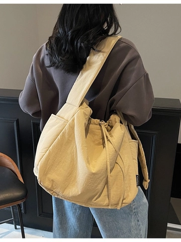 Borsa a Spalla in Tela di Grande Capacità per Donna Minimalista Stile Coreano Coulisse Hobo Borsa a Tracolla Con Tasche Laterali Lavoro