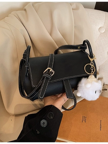 Borsa a Tracolla Piccola Quadrata in Pelle PU di Tendenza per Donna Moda Estiva Tinta Unita Cuciture Borsa a Spalla Ciondolo Peluche