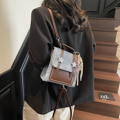 Sac à Dos Femme Mode en Cuir PU et Denim Patchwork Vintage Petit Sac Carré avec Boucle Étoile pour Voyage Quotidien Décontracté