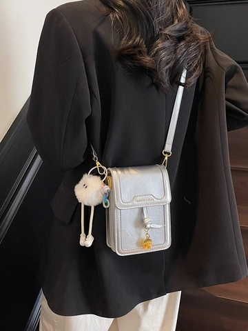 Women's Fashion PU Leather Mini Square Crossbody Bag Trendy Stitching Small Phone Bag With Plush Charm Gold Hardware Flap Purse