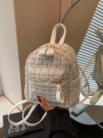 Women Mini Tweed Backpack Elegant Plaid Gold Thread Small Backpack For Commuting Travel Fashion Lady Shoulder Bag