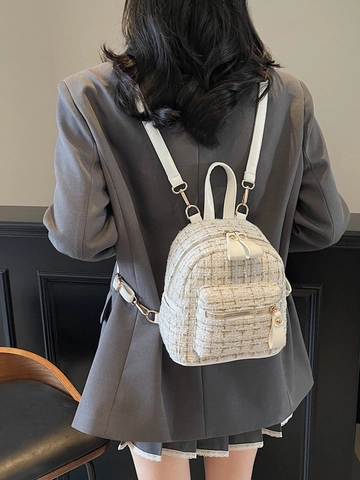Women Mini Tweed Backpack Elegant Plaid Gold Thread Small Backpack For Commuting Travel Fashion Lady Shoulder Bag