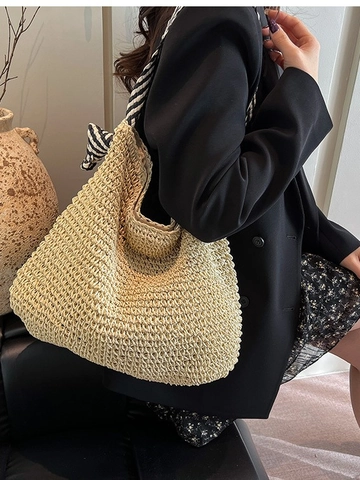 Große Gewebte Stroh-Tote-Bag Für Damen Hohle Blumen Handtasche Mit Gestreiftem Buntem Schultergurt Strand Urlaubstasche