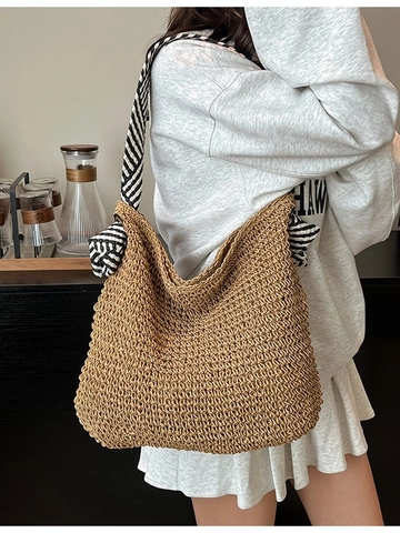 Große Gewebte Stroh-Tote-Bag Für Damen Hohle Blumen Handtasche Mit Gestreiftem Buntem Schultergurt Strand Urlaubstasche