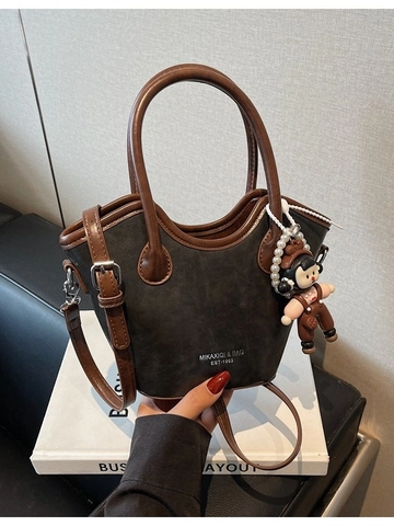 Bolso de Cubo de Cuero PU de Color de Contraste para Mujer Vintage con Lindo Colgante de Muñeca Bolso de Hombro Diario