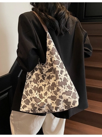 Bolso de Mano de Lona para Mujer Gran Capacidad Estampado Leopardo Vaca Bolso de Hombro Casual Moda Hobo Con Bolsa Interior