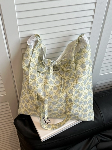 Borsa Tote in Tela Floreale da Donna con Bordo in Pizzo e Fiocco Grande Capacità Casual Pastorale in Cotone a Tracolla