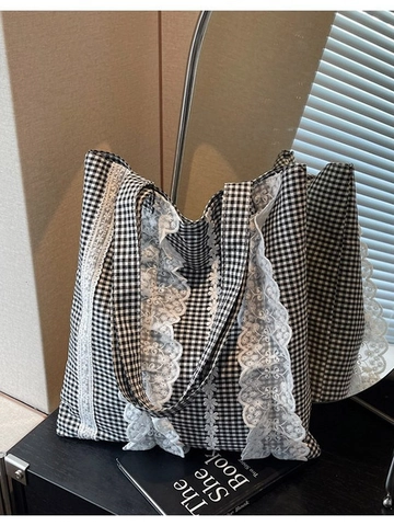 Fresh Gingham Canvas Tote Bag For Women Retro Lace Ruffle Shoulder Bag Floral Embroidery Daily Shopping Handbag Eco Friendly Gift