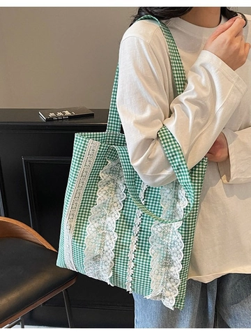 Fresh Gingham Canvas Tote Bag For Women Retro Lace Ruffle Shoulder Bag Floral Embroidery Daily Shopping Handbag Eco Friendly Gift
