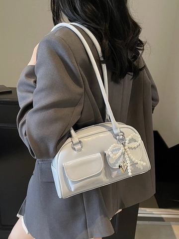 Women PU Leather Underarm Shoulder Bag Pearl Bow Heart Charm Trendy Korean Casual Double Front Pocket Pillow Boston Bag