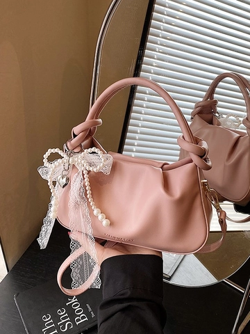 Women Elegant PU Leather Pleated Bucket Bag With Knotted Handle Lace Bow Pearl Heart Pendant Crossbody Shoulder Handbag