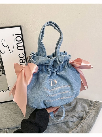 Borsa a Secchiello in Denim alla Moda Donna Fiocco in Raso Rosa Coulisse Borsa a Tracolla Coreana Dolce Borsa a Mano Ricamata